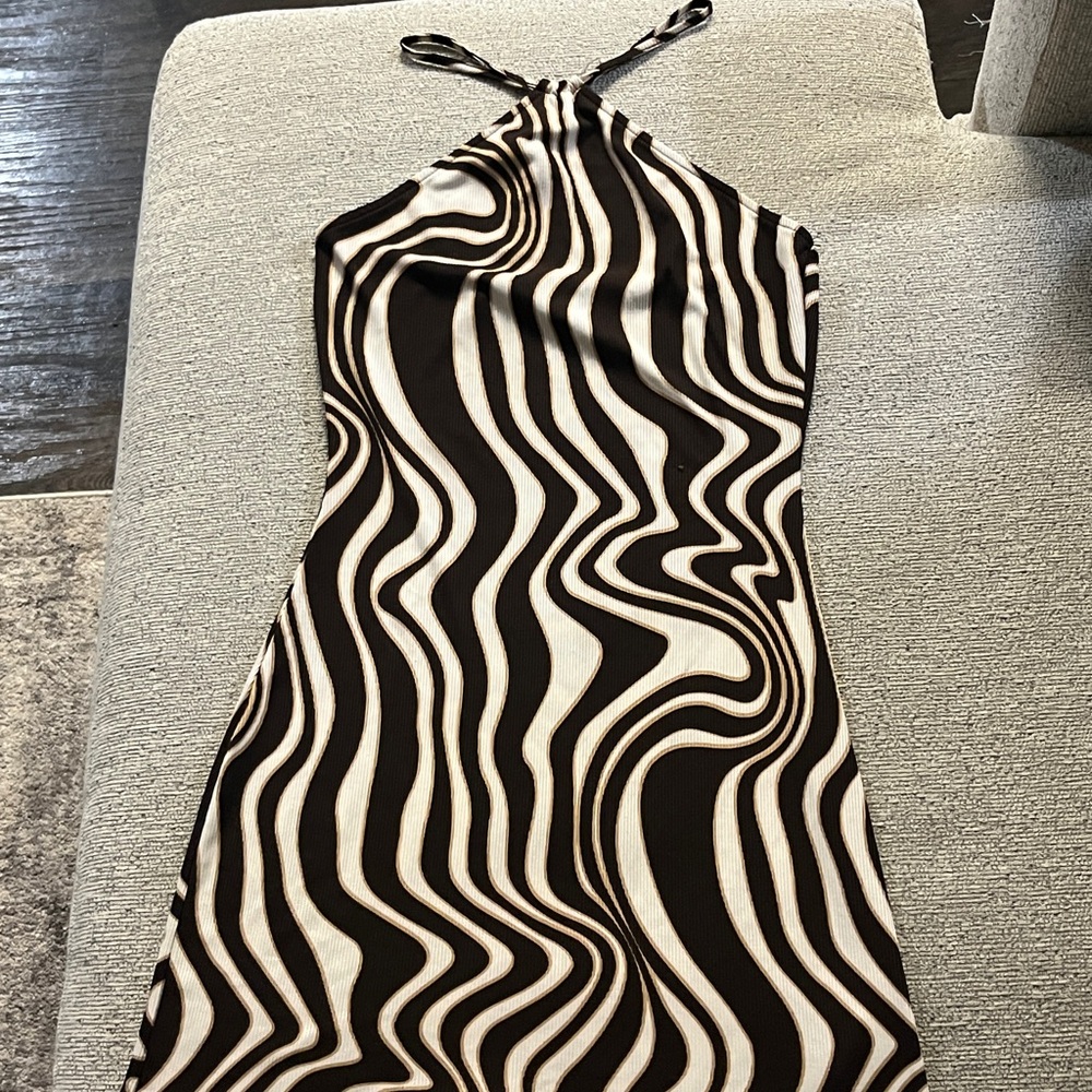 Windsor: Tight Brown and White Backless Halter Dress for Night Out| XS/S